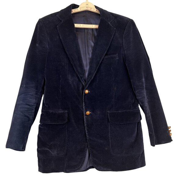 Corduroy Blazer Mens 40L Navy Blue Wide Wale Two Button Patch Pocket Sport Coat - Picture 1 of 14